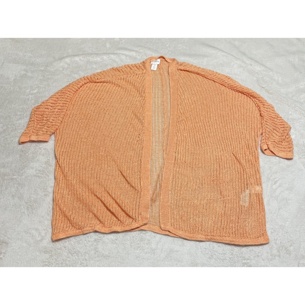 Chicos Sweater Womens XL 3 Orange Linen Short Sleeve‎ Drape Front Open Cardigan